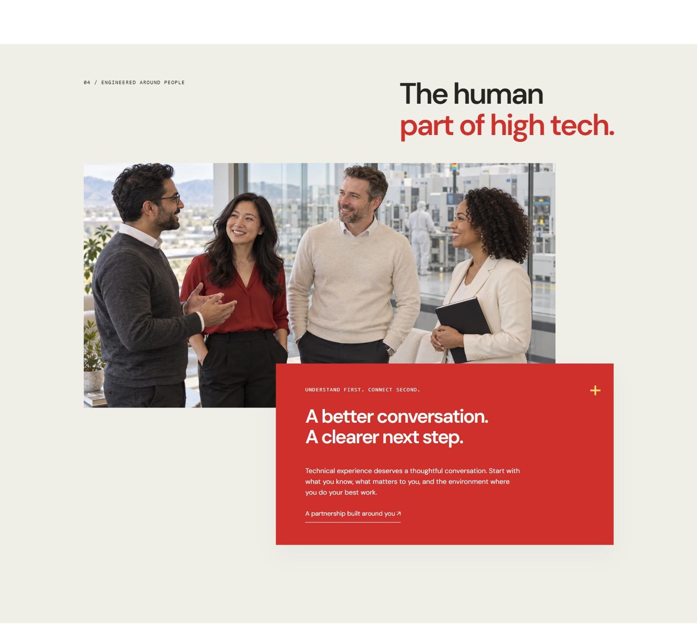 An overlapping team panel and human story.